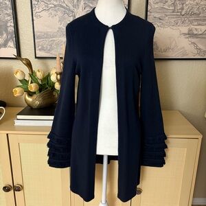 J. McLaughlin Navy Blue Knit‎ Open Front Fringe Cuff Sleeves Cardigan Sweater